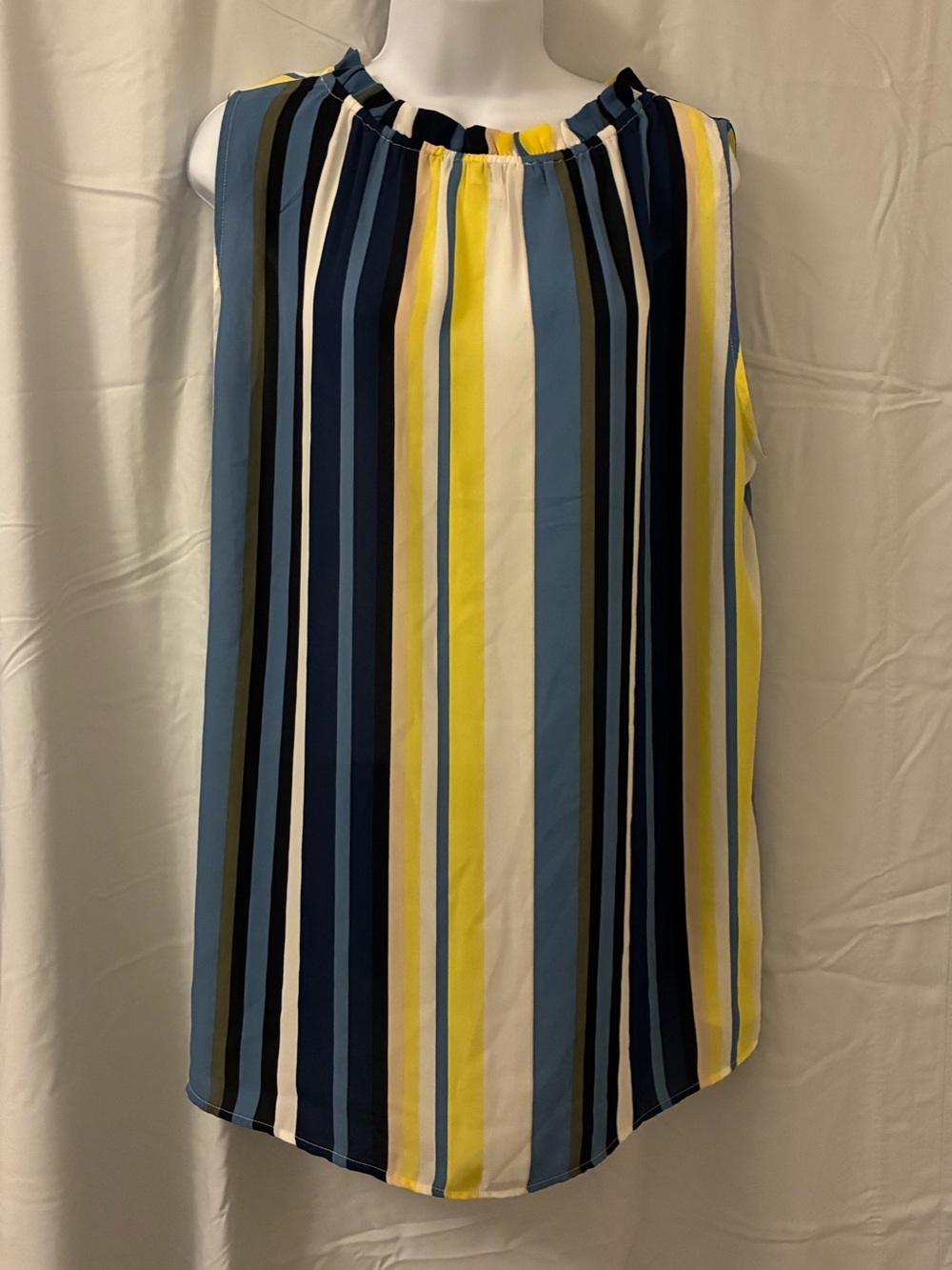 LOFT Vertical Stripe Gauzy, Sleeveless Tunic top in Blue, Yellow & White